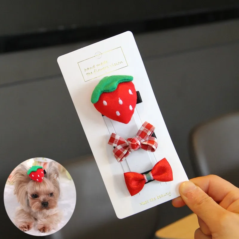 Strawberry 3/5 шт. в 1 Набор, заколка для собак с цветочным принтом, плюшевый пудель, заколка для собак, аксессуары для волос, заколка для питомцев, свадебный головной убор - Цвет: Strawberry