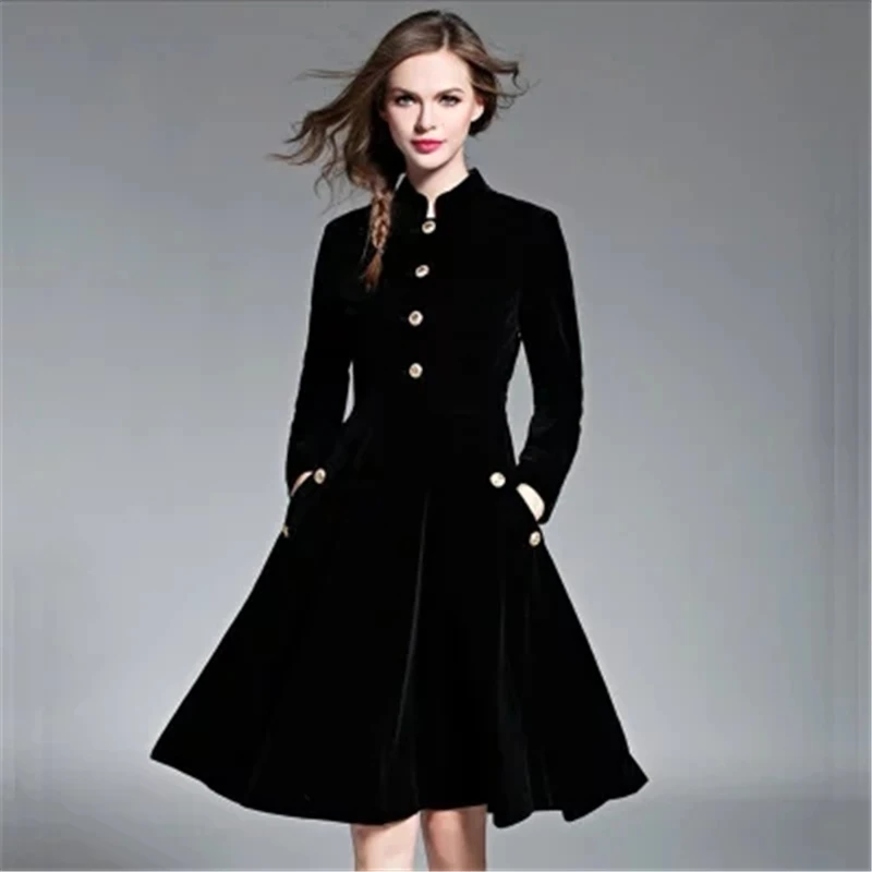 Elegant Black Velvet Dress Winter Dresses Women 2017 Vintage Long