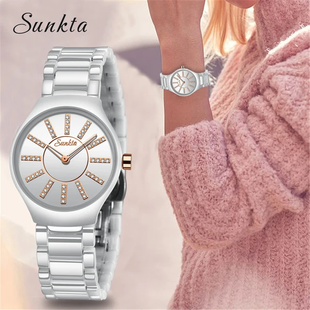 SUNKTA luxury women watches brand crystal fashion White Bracelet watches ladies watch waterproof watch women Relogio