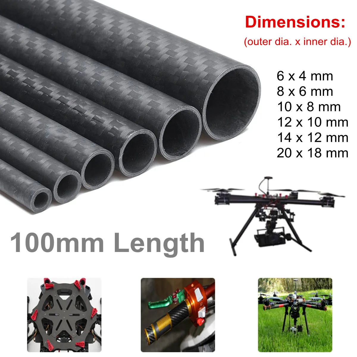 

3K Matte Surface Twill Carbon Fiber Tube for Drone DIY Quadcopter Frame Arm Landing Gear Rc Car Drone Kit Length 100mm 6 Size
