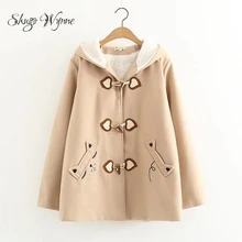 Shugo Wynne Outwear 2018 Winter New Women Cute Hooded Long Sleeve Cat Embroidery Velvet Thick Jacket Horn Button Warm Coat