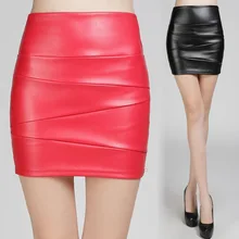 Новинка, однотонная мини юбка-карандаш из искусственной кожи красного, розового и черного цвета, Женская юбка, высокая талия, Офисная Женская облегающая сексуальная кожаная юбка на осень