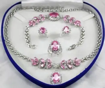 

Bridal Jewellery Women's Set Pink Crystal Necklace Earring Bracelet Ring +(box)