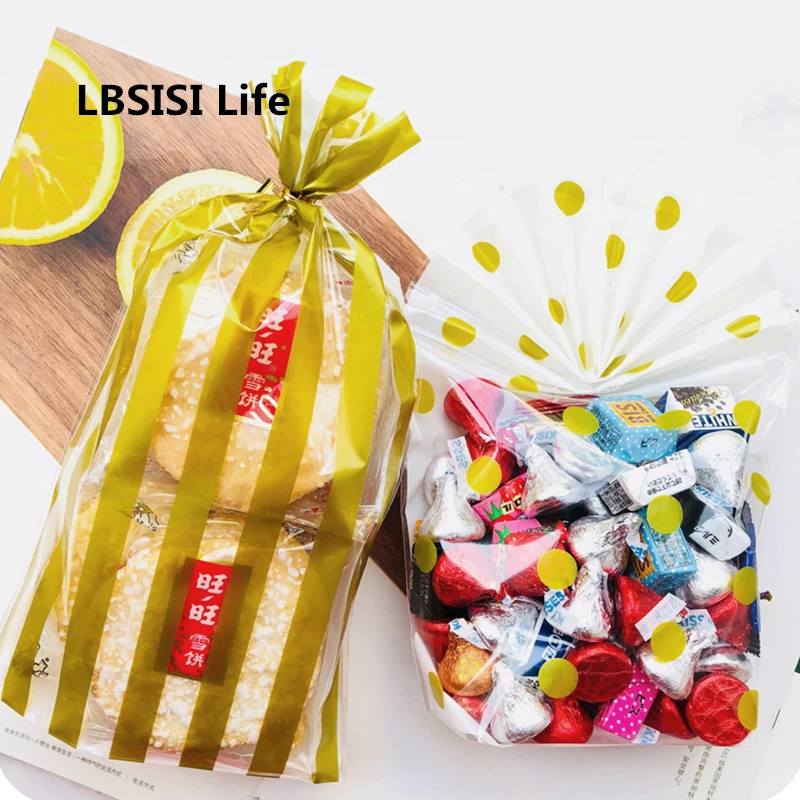 

LBSISI Life 50Sets Cookie Bags White Gold Dot Stripe Self Stand Biscuit Candy Chocolate DIY Food Baking Bag With Ribbon
