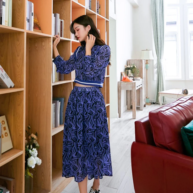 

SuperAen Temperament Chiffon Fashion Women Two-piece Summer New 2019 Long Sleeve Tops Wild Casual Skirts Women's Sets