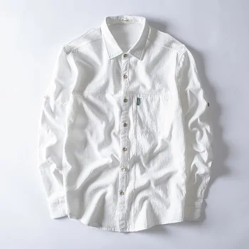 

2018 Autumn long-sleeved solid shirt men linen slim fashion cotton men's shirt white turn-down collar shirts male chemise camisa