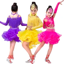 Детские бальные платья Samba для соревнований, платья для сальсы, Детские трамы, Латинская профессиональная танцевальная одежда с блестками