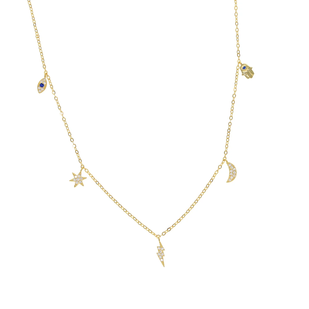 925 Sterling Silver Charm Necklace New Moon With Blue Star CZ Chain Girl Jewelry