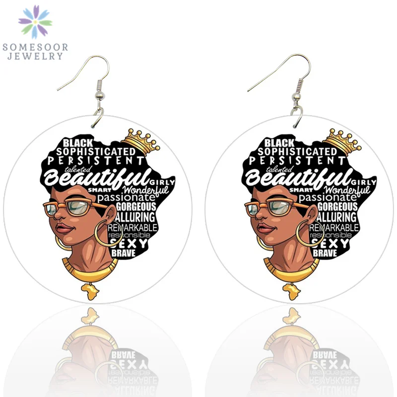 SOMESOOR Printed Black Sayings Wood Drop Earrings African Queen Locs Smart Afro Natural Hair Power Dangle Jewelry For Women Gift