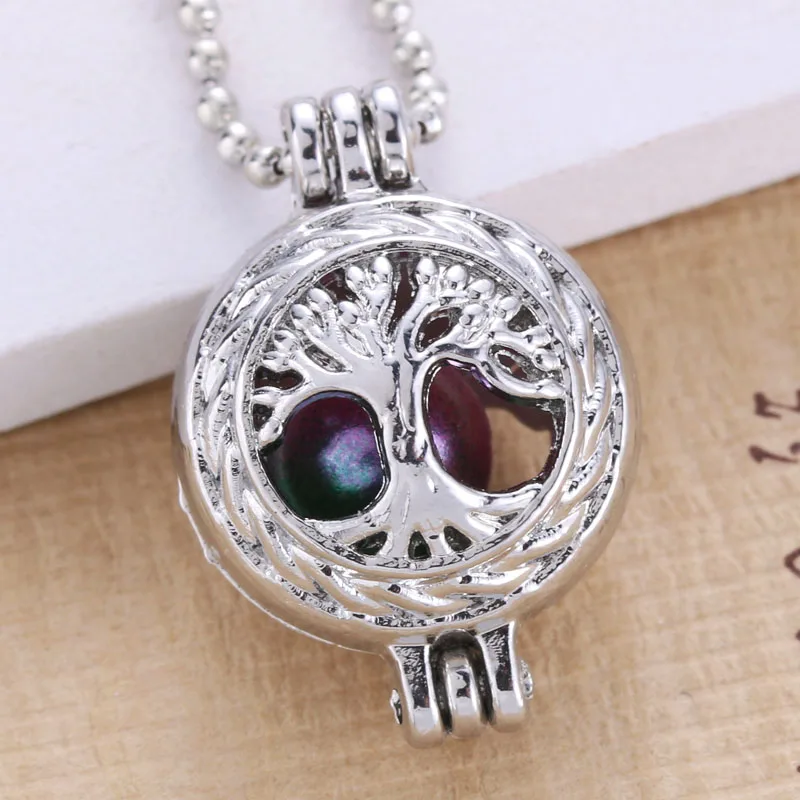 

6pcs Bright Silver Life Tree Hollow Design Jewelry Making Supplies Alloy Trendy Pearl Cage Locket Pendant Essential Oil Diffuser