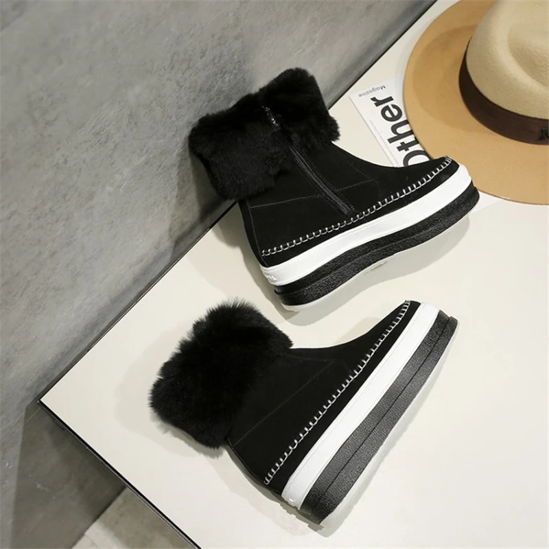 Bout D'hiver Caoutchouc Fourrure Mode Occasionnel Neige En 2018 forme Rond Wedge Peluche Joker Msstor De Black Bottes Femmes noir Suede Sexy Noir Plate Cow qUxaA