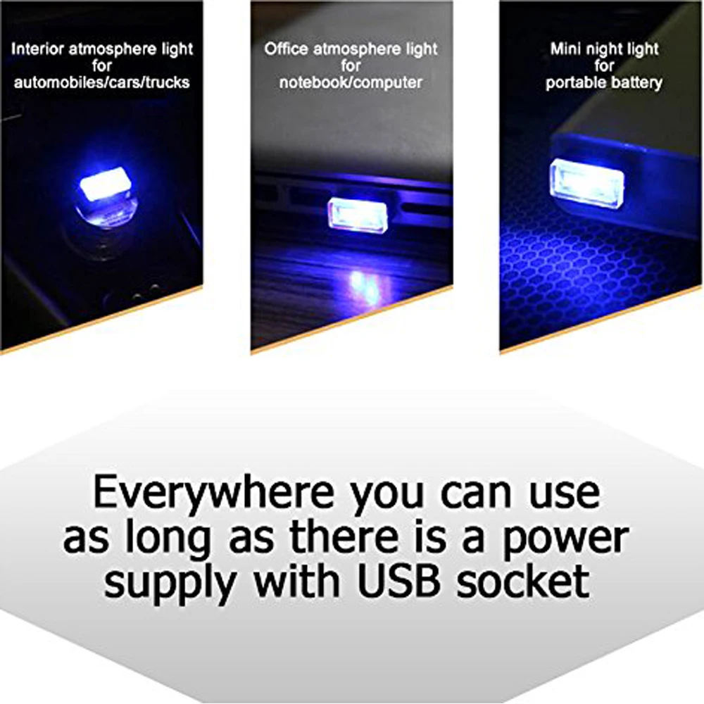 2 шт., Автомобильный USB светодиодный светильник, декоративная лампа, аварийное освещение, универсальный портативный ПК, подключи и играй, красный/синий/белый