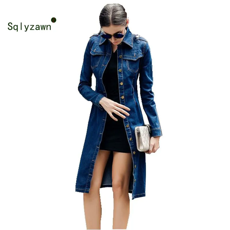 

2019 Women Autumn Cotton Slim Denim Trench Coat Long Sleeve Vintage Casual Jeans Windbreaker Pencil Dress with Belt Overcoat 4XL