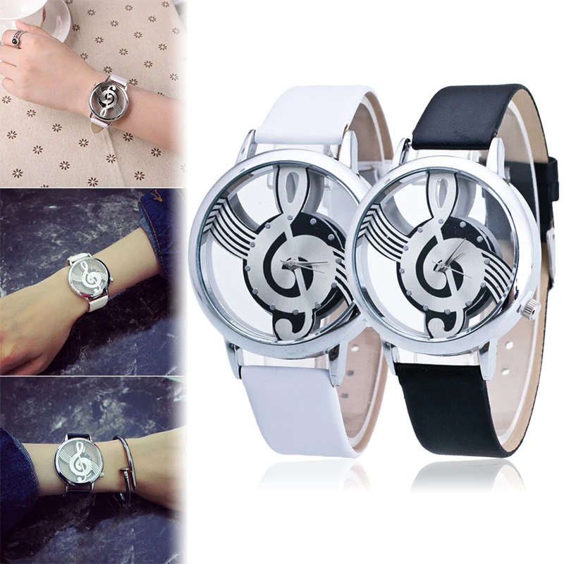 Shellhard Fashion PU Band Stainless Steel Analog Quartz Casual Watch Notation Hollow Music Men Women Wrist Watch Montre Femme
