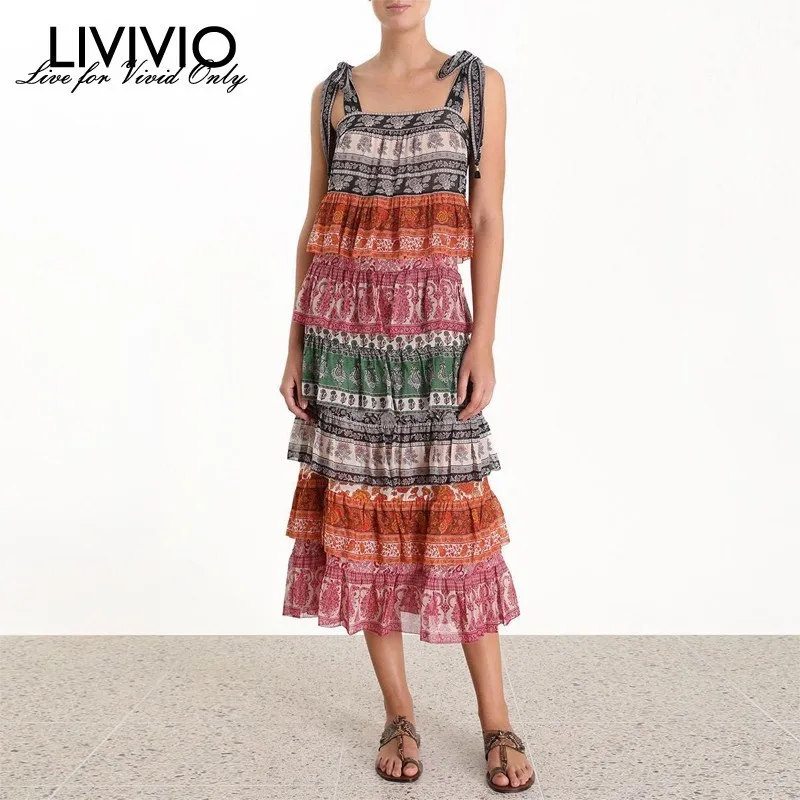 [LIVIVIO] длинное платье с бретельками и рюшами Boho без рукавов женское летнее
