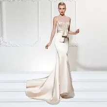Tanpell Champagne Evening Dress Jewel Trumpet Lace Sashes Court Train Floor Length Women party Gown Mermaid Evening Dress