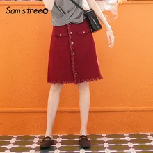Samstree, женские мини юбки-карандаш, лето, винтажная однотонная бордовая рваная джинсовая юбка с карманами выше колена, высокая талия, низ