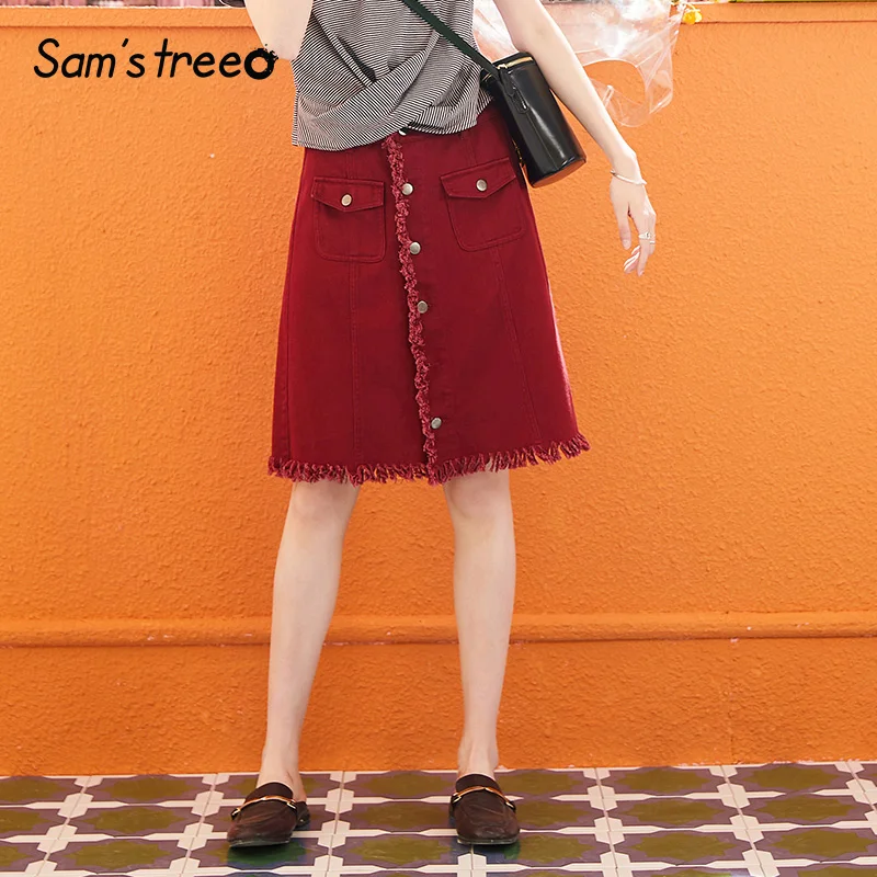 

Samstree Women Mini Pencil Skirts Summer 2019 Vintage Solid Wine Ripped Denim Skirt with Pockets Above Knee High Waist Bottoms