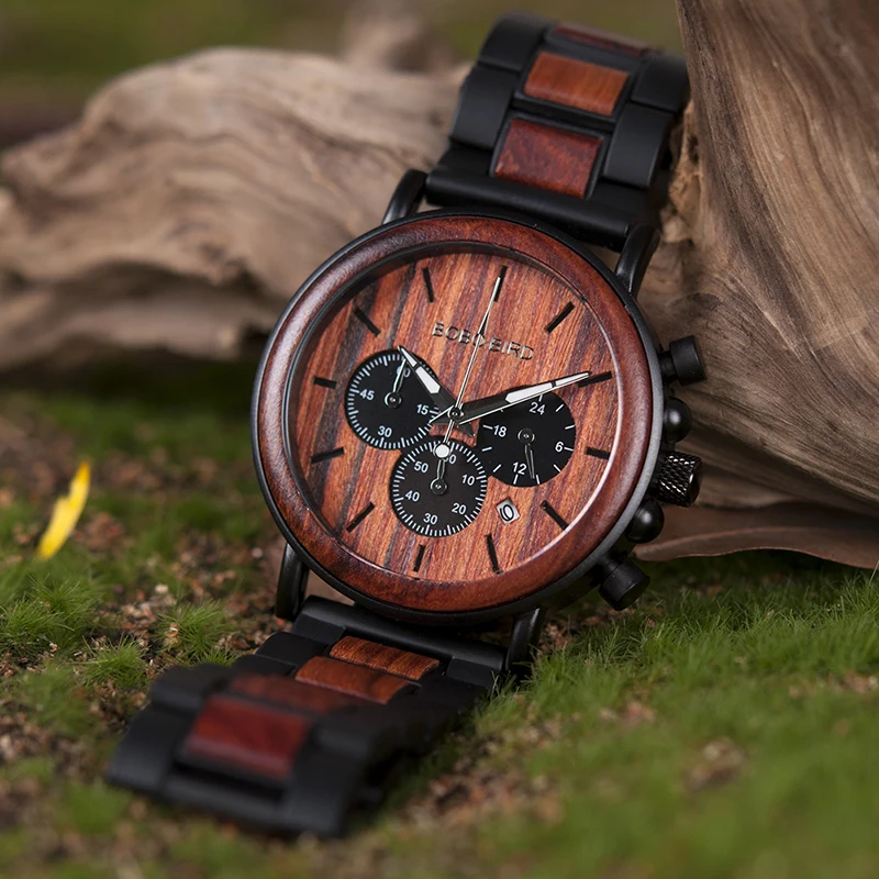 BOBO BIRD Unique Dial Stopwatch Bamboo Wooden Watches Men Wrist Watch With Date Create clock Gift In Wood Box saat erkek