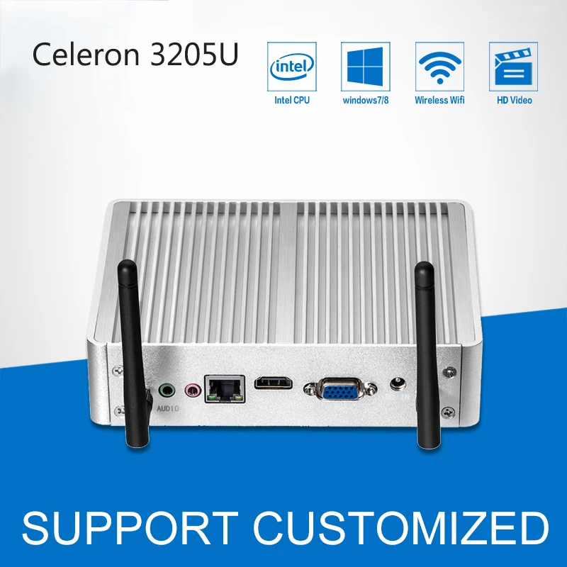 

Mini PC Windows 7/8/10 Fanless Mini Computer Desktop Celeron CPU 3205U DDR3 RAM HDMI+VGA HTPC TV Box Office Computer