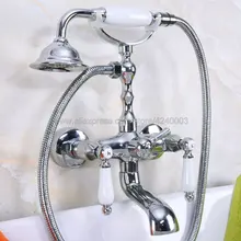 Grifo mezclador de bañera con acabado cromado, juego de ducha de baño de doble mango con boquilla de ducha giratoria de mano Kna203