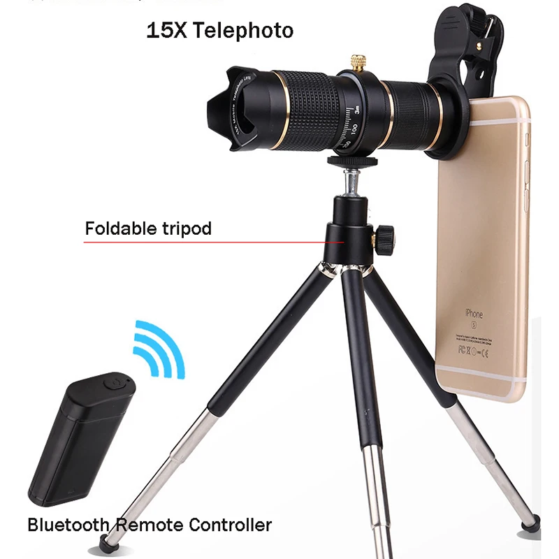 

Bluetooth Remote Control Phone Telephoto Lens Universal Optical Zoom 15X Zoom Monocular Magnifier Optical Zoom Lens With Tripod