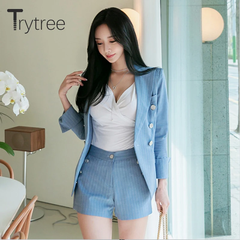 

Trytree Summer Autumn Women two piece set Casual Striped Blue Belt Coat + Shorts Button Fly Office Lady Suit Set 2 Piece Set
