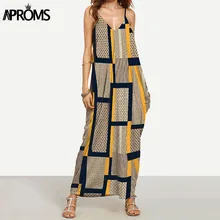 Aproms Элегантное Длинное Макси платье Лето 2018 Для женщин Boho глубоким v-образным вырезом без рукавов свободные платья Пляжная одежда сарафан Vestido
