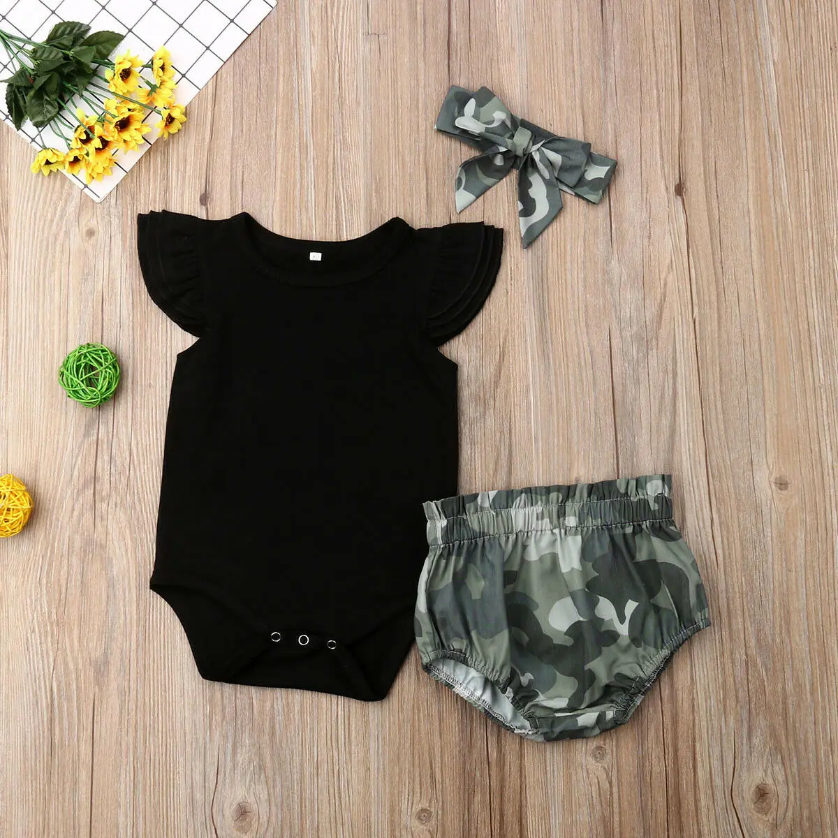 

Baby Girl Tops Bodysuit+Camo Shorts Pants + Headband 3pcs Set