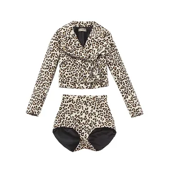 

le palais vintage Limited Edition Wool Blend Leopard Suits Moto Biker Short Jacket and Slim High Rise Sexy Shorts 2 Pieces Suits