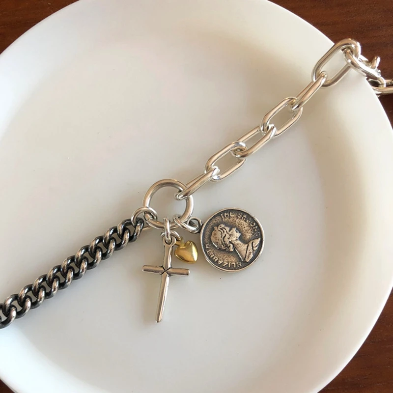 LouLeur, настоящее 925 пробы, серебряная цепочка для монет, браслеты, винтажные, плетение, крест, сердце, браслеты, подарок для женщин, модное, хорошее ювелирное изделие