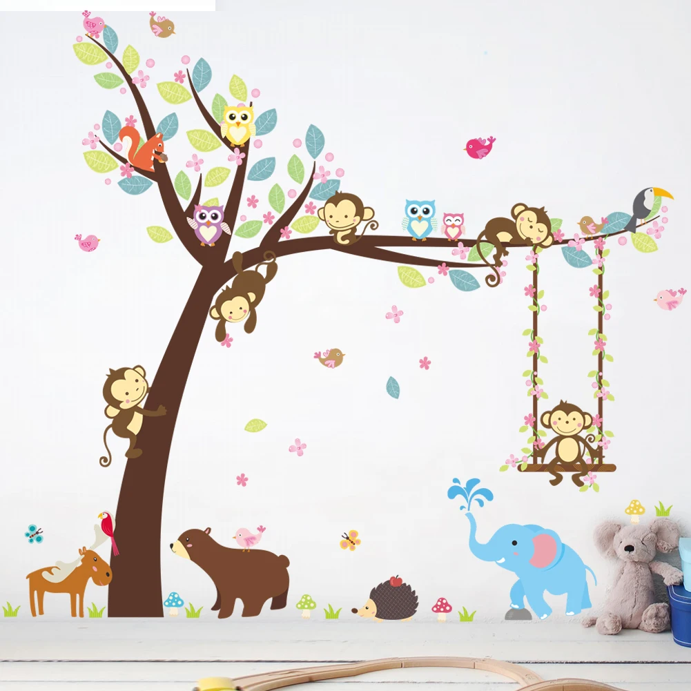 

Forest Happy Animals Bear Owl Cheeky Monkey Swing Tree DIY Wall Sticker For Kids Room Baby Nursery Carton Decor Home Decal Mural