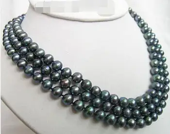 

P515-3row 17-19" 8-9mm natural black round freshwater pearl necklace