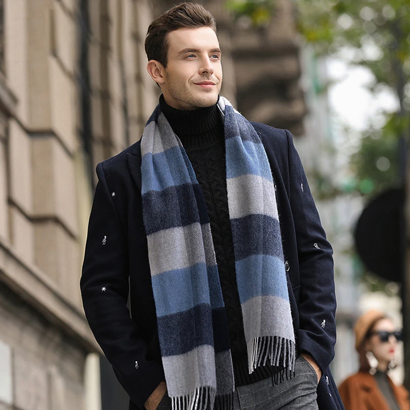 Bufanda de lana de moda Otoño Invierno para hombre bufanda a cuadros diseño de alta calidad borla gruesa cálida bufanda larga salvaje alta calidad|Bufandas hombre| -