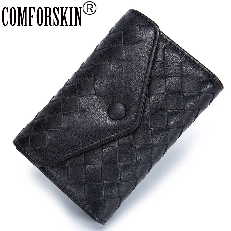

COMFORSKIN Brand New Arrivals Sheep Skin Hand-Made Knitting Style Envelope Card Wallets Unisex Credit Card Holder 2018 Card Case