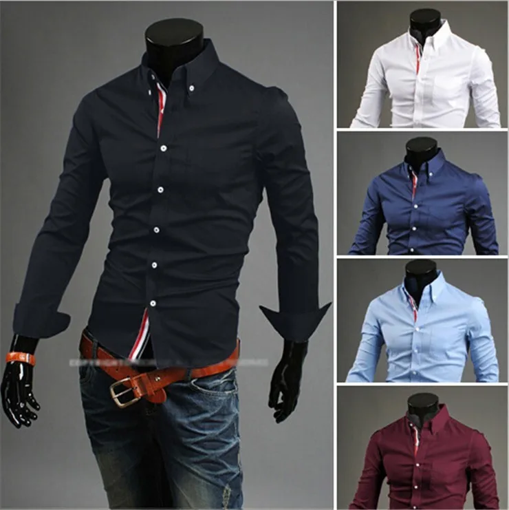 Дешевые доставка Горячее предложение Модные Бизнес Повседневное Slim Fit Длина рубашки с длинными рукавами Для мужчин; Мужская классическая