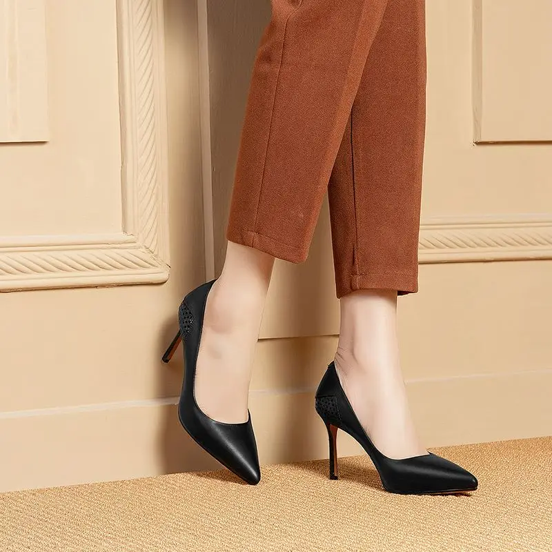 ALLBITEFO natural soft genuine leather super high heel shoes pointed toe casual fashion ladies shoes Spring Autumn women heels