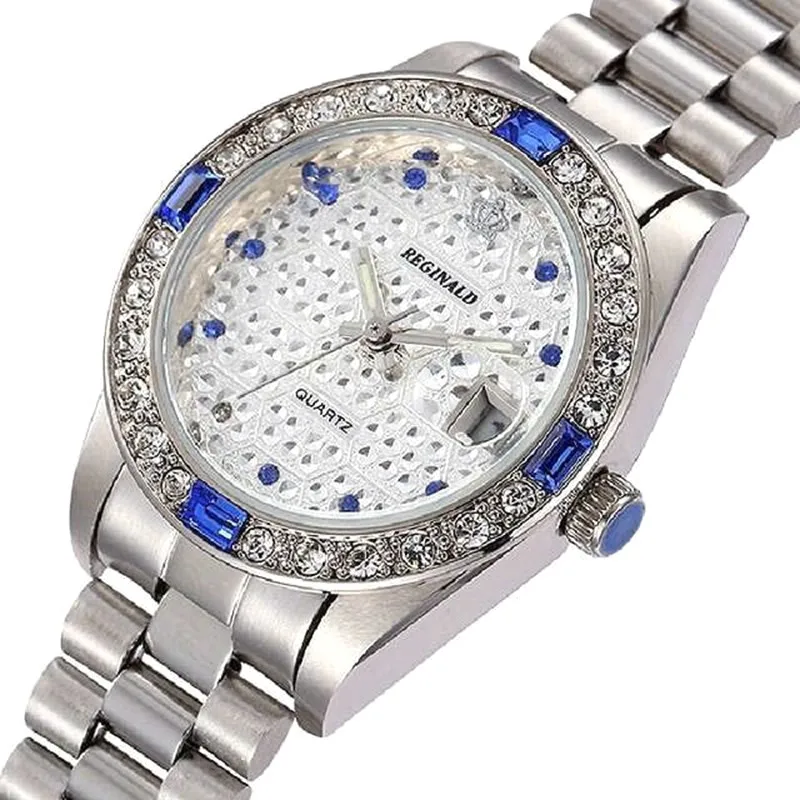 

Men Watch Waterproof Calendar Famous Brand Date Diamond Mens Watch Stainless Steel Watch Golden Clock Rhinestone 2019 New