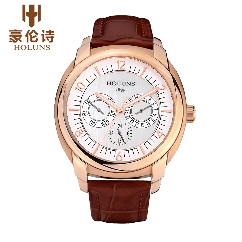

HOLUNS Brand Watch Men Multifunction Dual Business Calendar Luminous 24 Hours Indicates Relogio Masculino