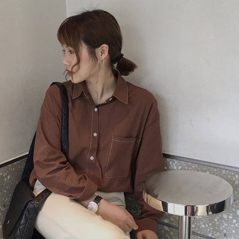 

2 colors 2018 spring and autumn solid color turn down collar cotton shirts womens long sleeve blouses womens (F483)