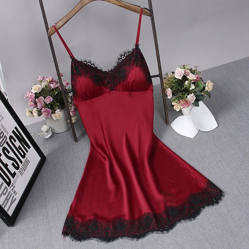 

Sexy Dark Red Womens Silky Sleep Pajamas Strap Top Sleepwear Nightdress Home Wear Nightgown Robe Bath Gown Sleepshirts Bathrobe