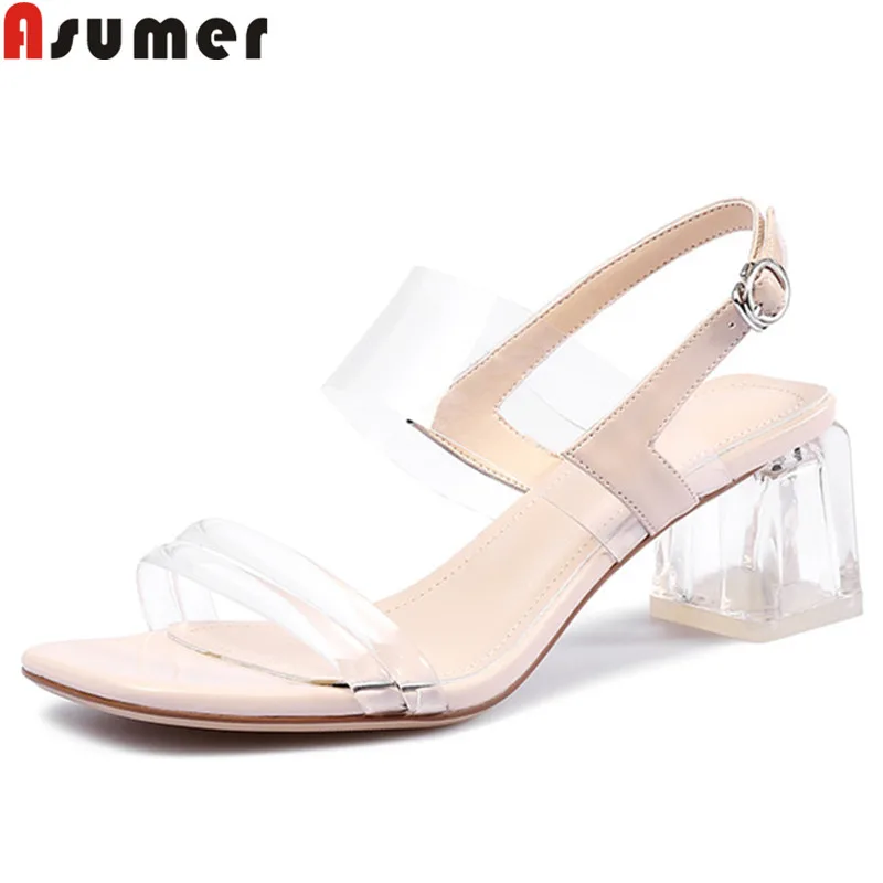 

ASUMER 2019 new summer sandals square high heels shoes buckle PVC ladies prom wedding shoes crystal heels women sandals
