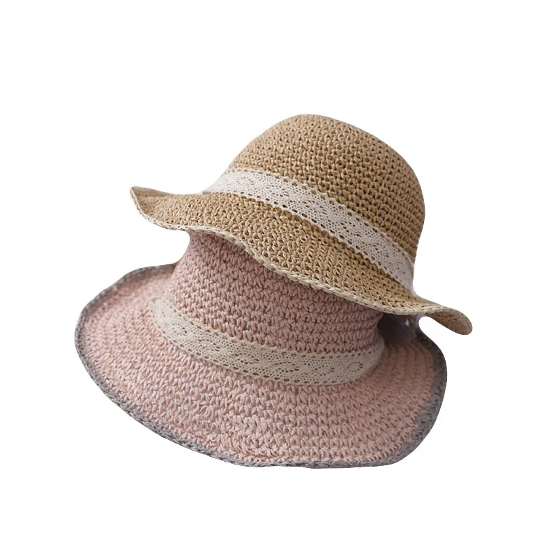 

BINGYUANHAOXUAN Round Women's Summer Hat Hand Woven Wide Brim Straw Hats Fashion Female Sun Caps Foldable Lace Ribbon Beach Hat