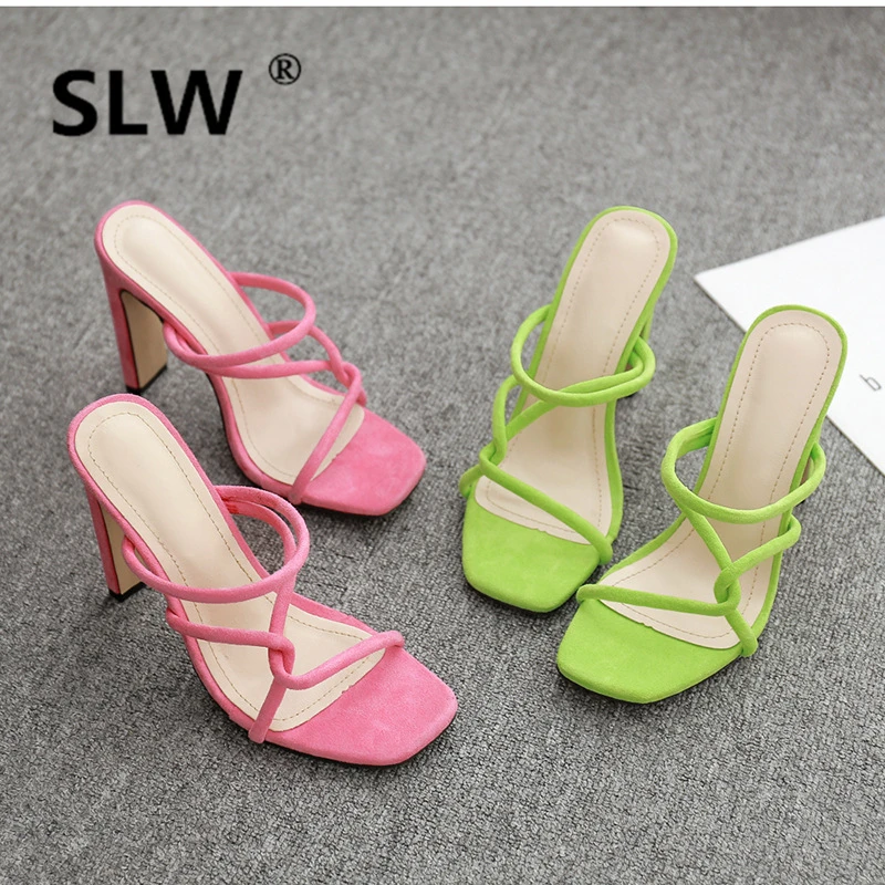

Flock Slides Square heel Shoes Without Heel Fretwork Heels Slipper Flat Luxury PU Narrow Band Basic Fabric Rubber