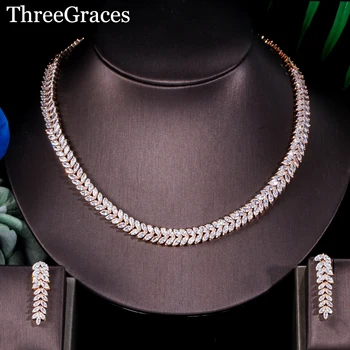 

Threegraces African Yellow Gold Color Wedding Big Necklace Earrings Set Luxury Dubai Cubic Zirconia Bridal Jewelry Sets JS048
