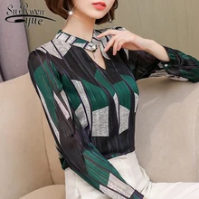 Модный принт шифоновая женская блузка рубашка с длинным рукавом плюс размер женские топы в полоску OL Блузка женская одежда женские топы 0092 30