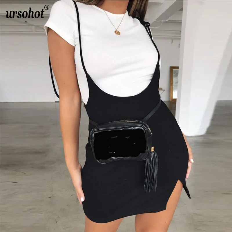 

Ursohot Solid Spaghetti Strap Split Bodycon Dress Sexy Tunic Dress Women Bandage With Belt Mini Dresses Female Party Vestidos