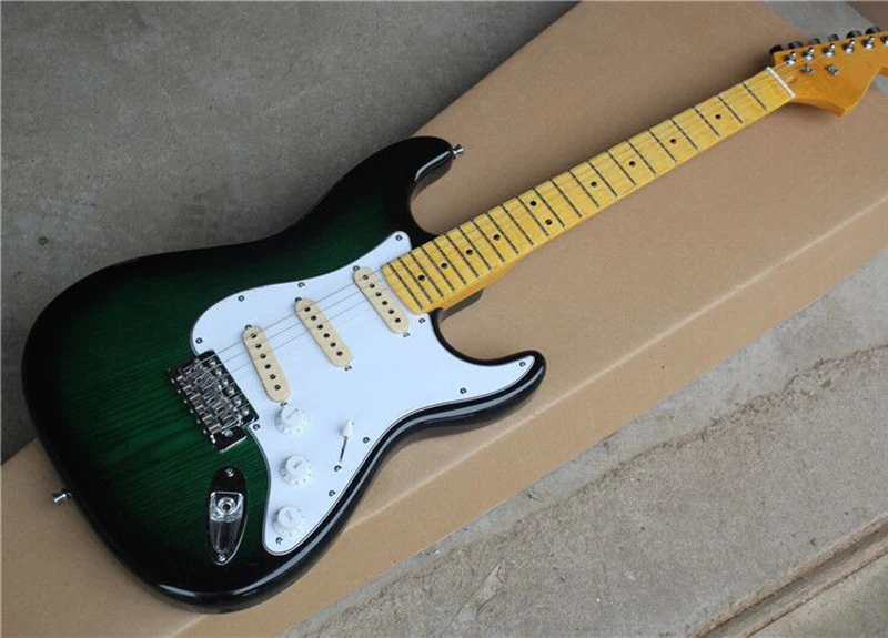 

Green Electric Guitar with Scalloped Maple Neck,Big Headstock,White Pickguard,SSS Pickups,Can be customized