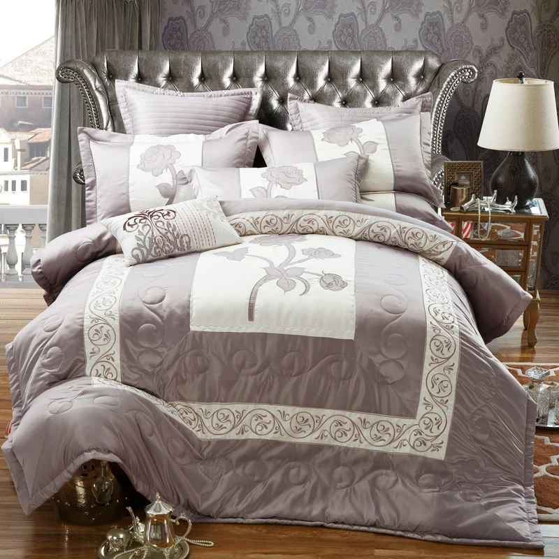 

Luxury Silk Cotton Gray Purple Bedding Sets 4/6 Pcs King Queen Size Embroidery Bed set Duvet Cover Bed Spread set Pillowcases