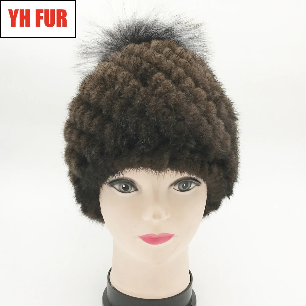 

Winter Real Mink Fur Hats Women Warm Pineapple Cap Fox Fur Ball On The Top Hat Beanies Female 100% Natural Genuine Mink Fur Cap